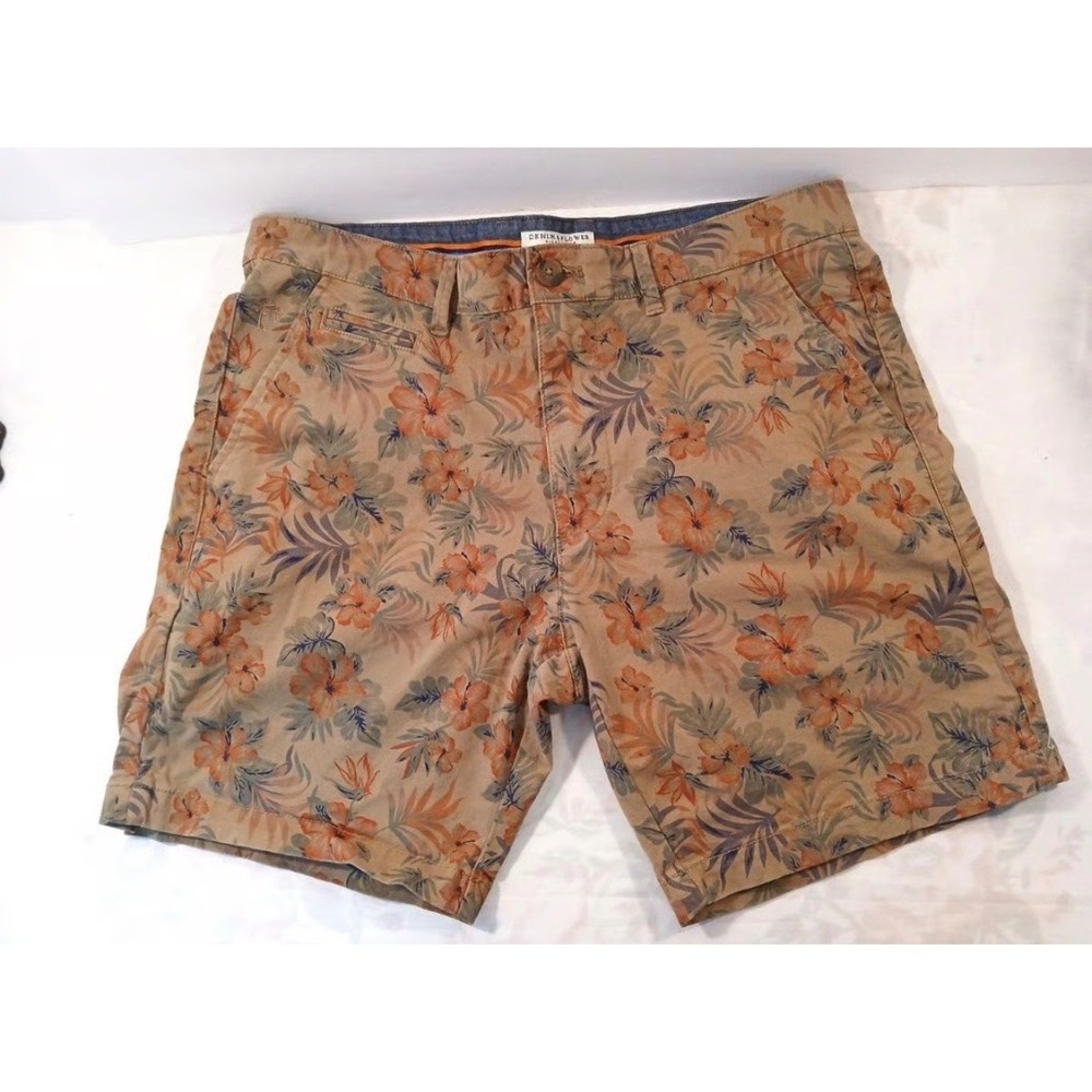 Denim & Flower Ricky Singh Mens 29 Tropical Hibiscus Floral Chino Shorts Tan